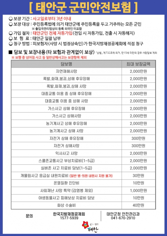 태안군, ‘군민안전보험’ 보장범위 16일부터 확대!